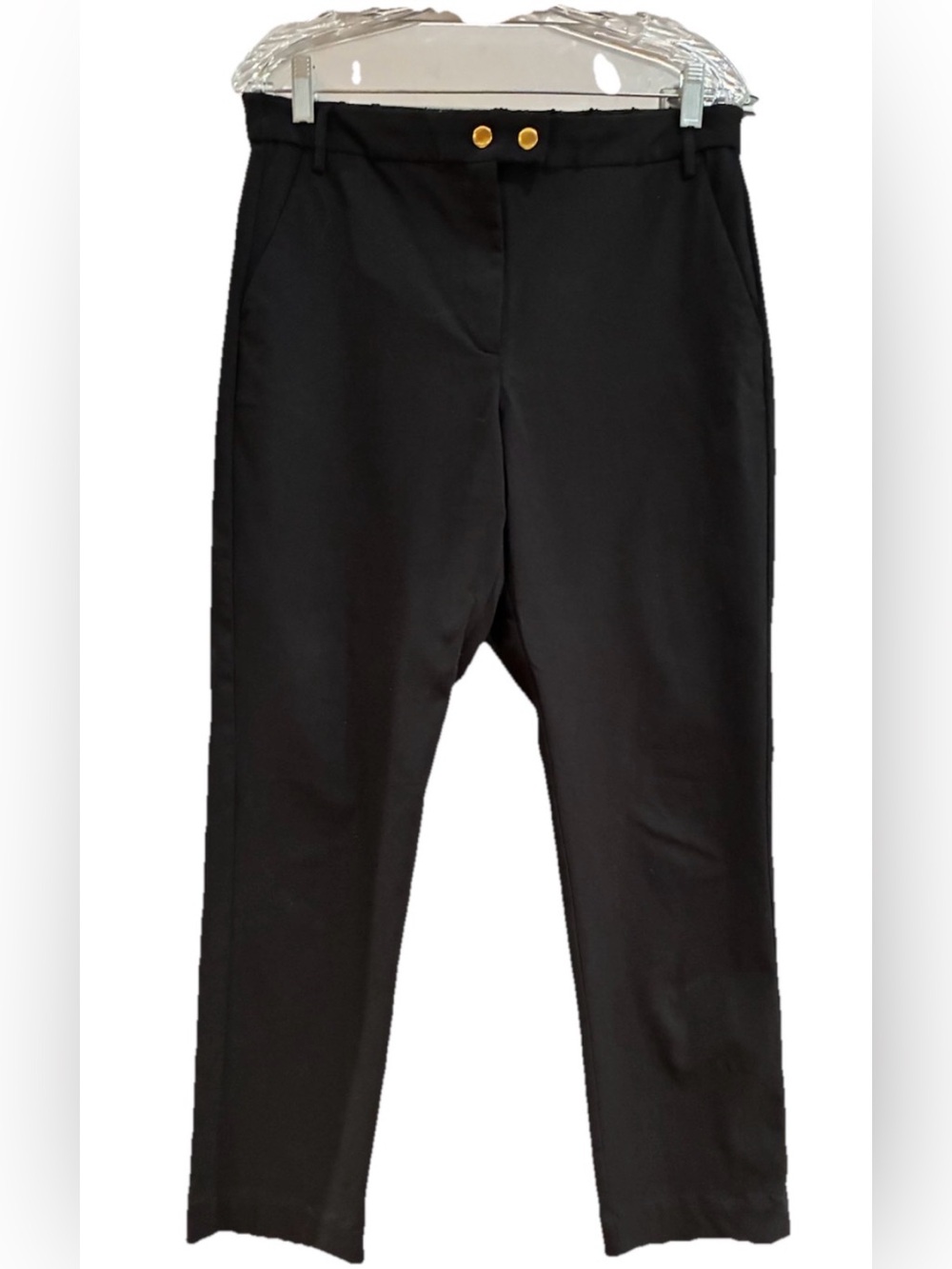 Michael Kors Black High-Waist Stretch Ponte Pants with Gold Buttons, Size L